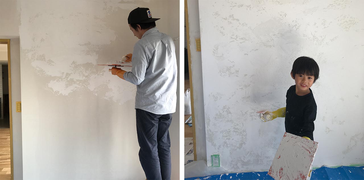 少しでも作業費を浮かせるため、寝室の壁の漆喰は自分たちで塗りました。