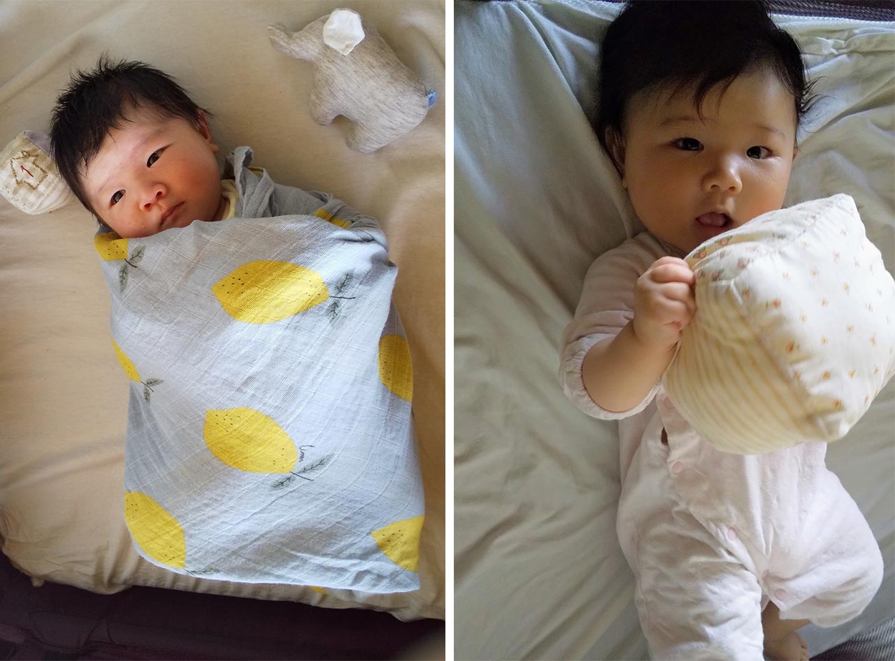 （左）生後１ヵ月を迎えた日に『１』の数字のおもちゃと。（右）４ヵ月のころには大きいものもつかめるように♪