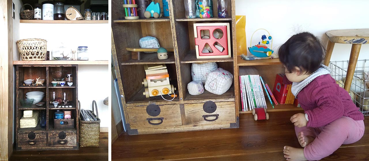 （左）産まれる前の飾り棚　お気に入りの食器や雑貨が飾ってありました。（右）おもちゃ棚に変身した棚。絵本棚もつけて。赤ちゃんでもとりだしやすく、見やすいように。