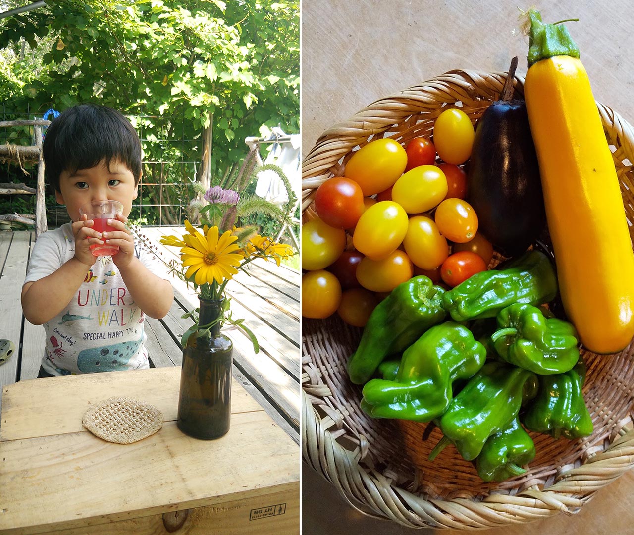 （左）息子と一緒に赤紫蘇ジュースで妊婦の夏を乗り切りました♪（右）毎日採れる庭の畑の夏野菜たち。見るだけでも元気がでます！