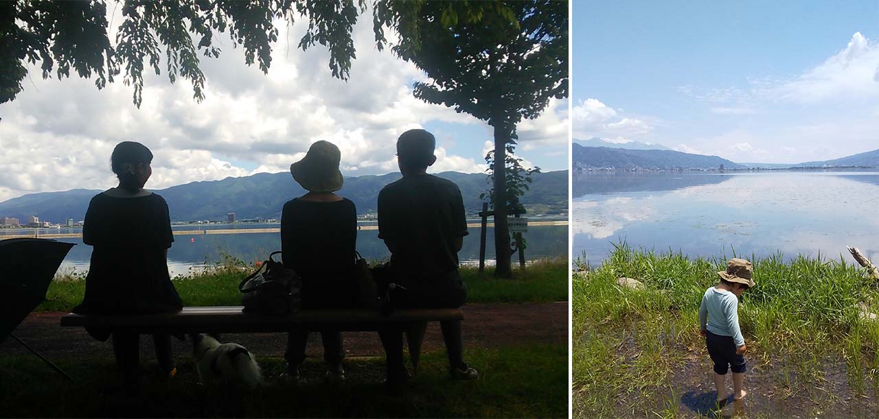 （左）諏訪湖のほとりで両親と産まれてくる日々を想いながらのひととき。（右）湖畔で遊ぶ息子。息子もこの場所が大好きです。