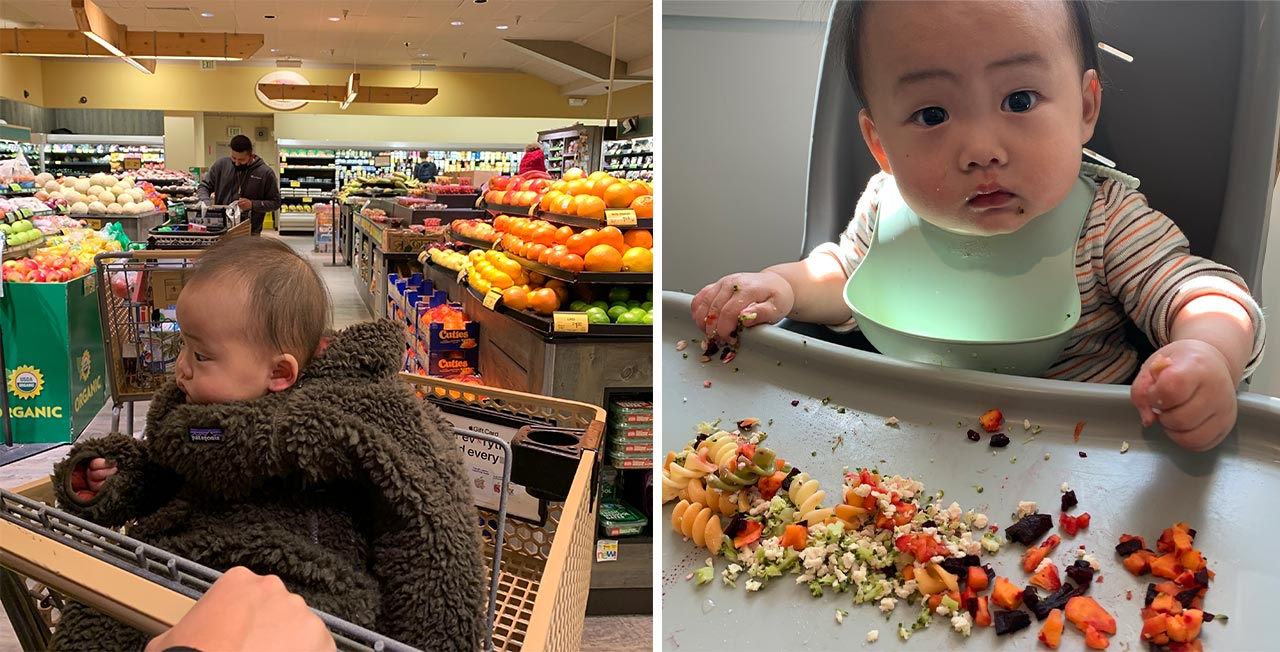 （左）オーガニックスーパーでお買い物中。（右）娘さんの手掴み食の様子。神戸家流のダイナミックな盛り付けが楽しい！