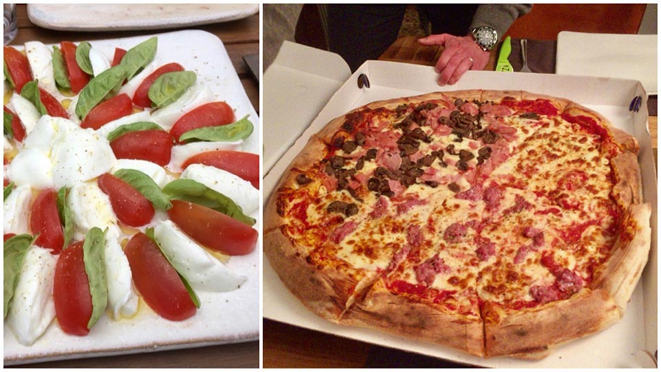 カプレーゼと、大きなピザ