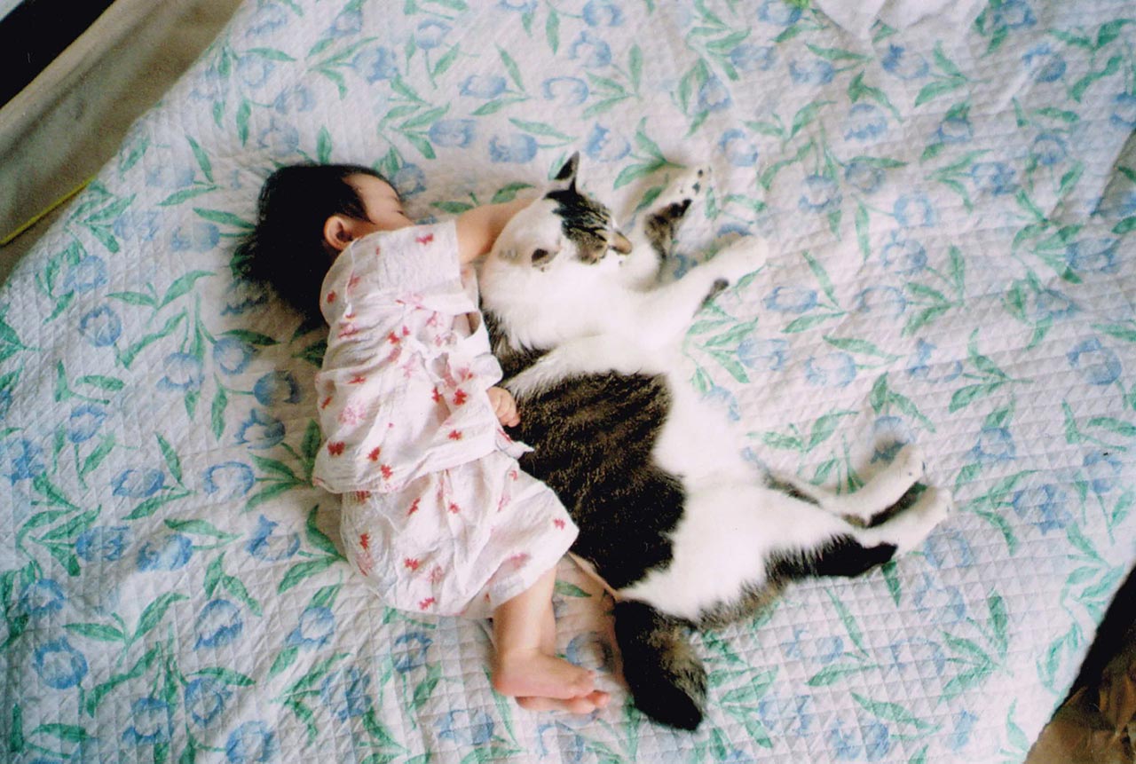 くっついて並んで寝そべる娘さんと猫ちゃん