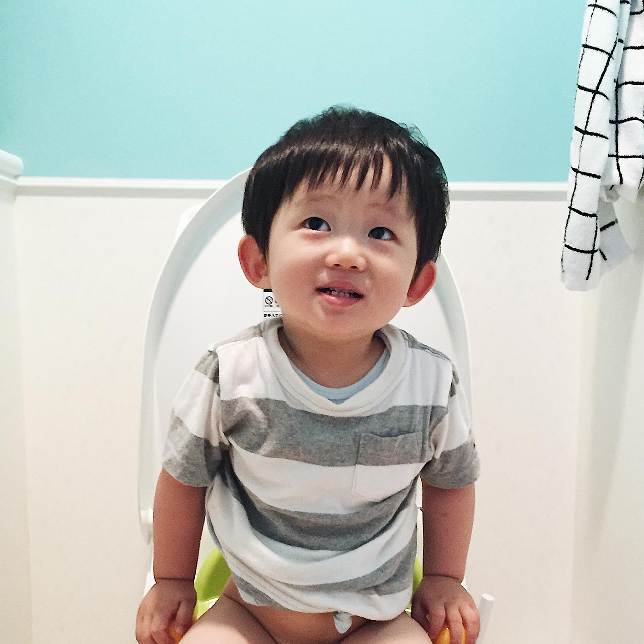 １才９ヵ月、 初めてトイレに座った日の写真。
