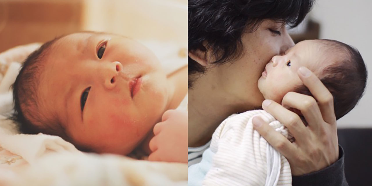 左：生後２日目、寝起きでぼんやりした表情の息子。　右：息子を抱きしめる夫、幸せな時間。