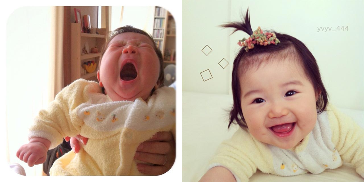 ツーウェイオールを着た生後２ヵ月（左）と７ヵ月（右）の次女。