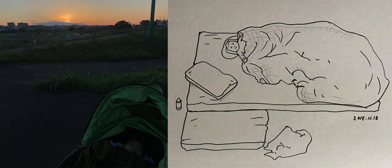 左／泣く子と散歩した早朝の朝焼け。右／夜中に起きてしまって寝ない赤ちゃんを描いた。